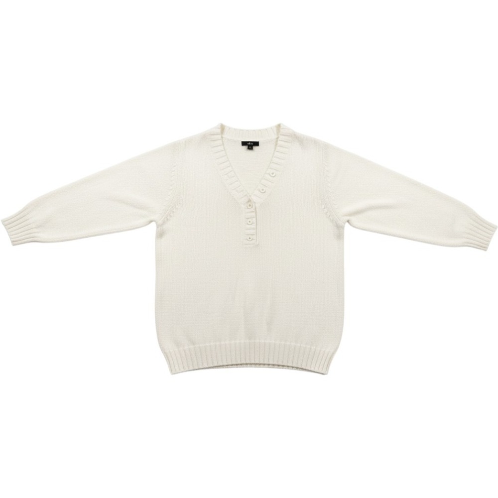 Ellos Womens Plus Size 1X Cream V-Neck Button Front Knit Pullover Sweater